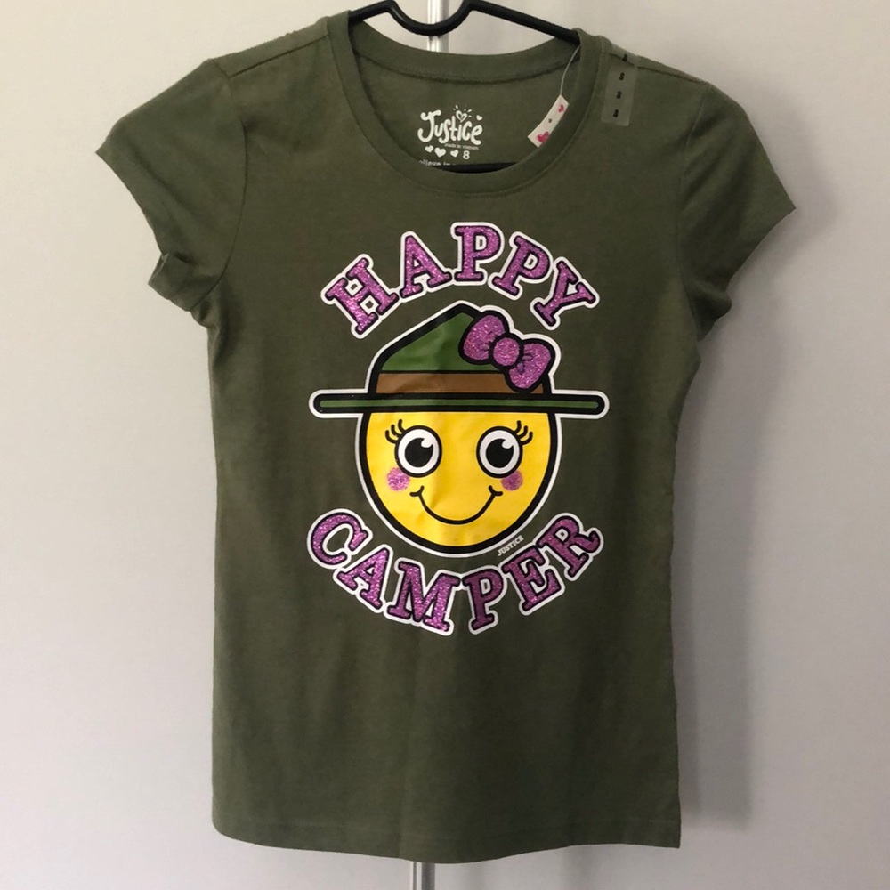 Justice Happy Camper Smiley Face T Shirt Size 8